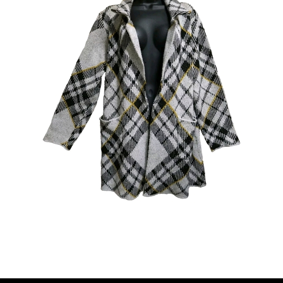 Love Ever After Sweater Knit  Cardigan Black White Yellow Open Pockets Plaid XL - Picture 2 of 13